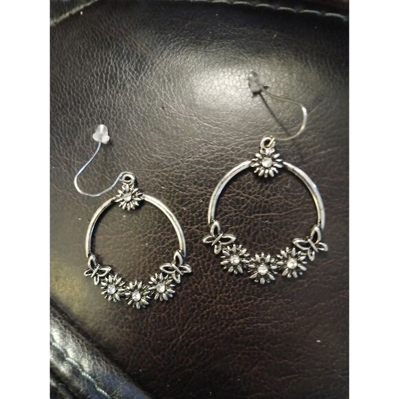 Silver Flower Hoop Earrings Floral Dangle - Picture 5 of 9